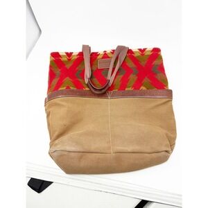 Pendleton Sawtooth Mountain Market‎ Tote Bag Wool Canvas Leather Trim Red Large